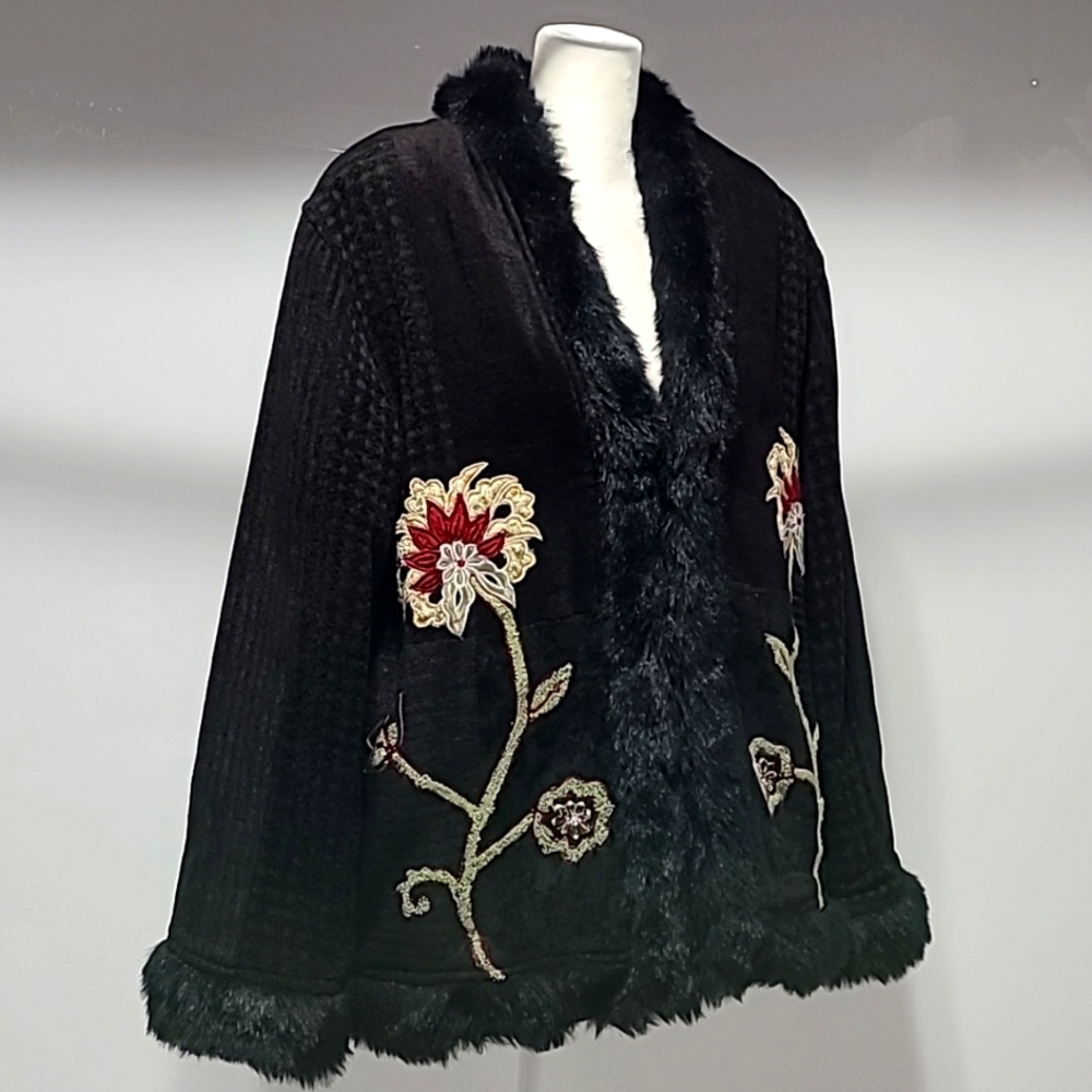 Flashback Vintage Embroidered Faux Fur Black Coat Jacket Size L - Picture 3 of 15